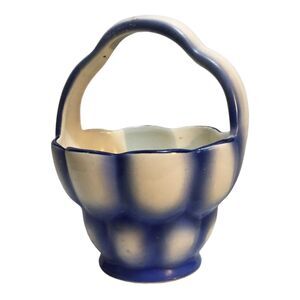 Art Deco Czechoslovakia Blue White Pottery Basket Vase Planter, #39 print #50